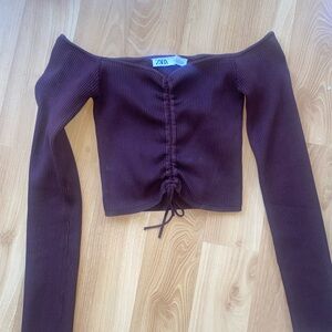 Zara Cropped Ribbed Drawstring Long Sleeve Top - purple